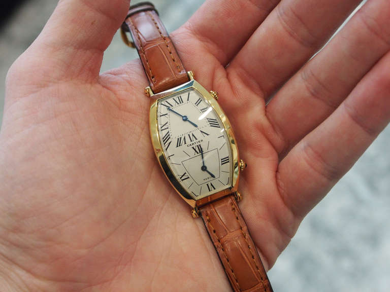 Women's or Men's Cartier Yellow Gold Dual Time Tonneau Wristwatch
