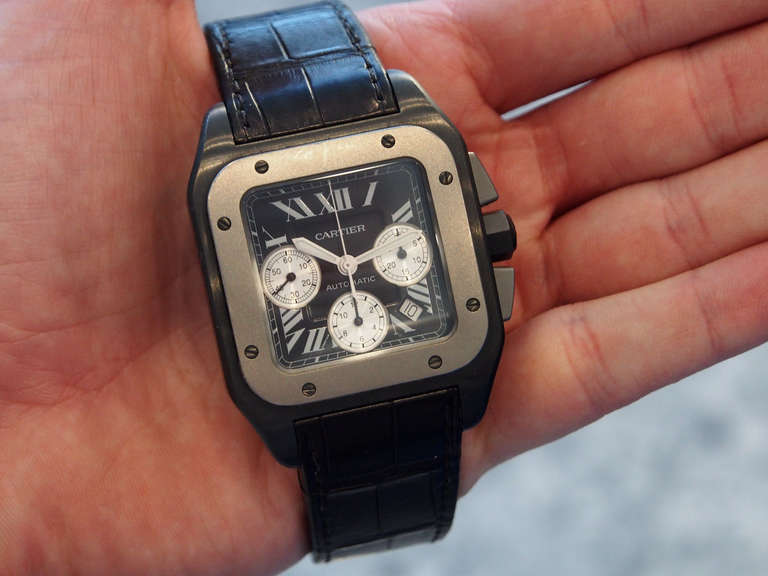 Men's Cartier ADLC Coated Titanium Santos 100 XL Chronograph Wristwatch with Date