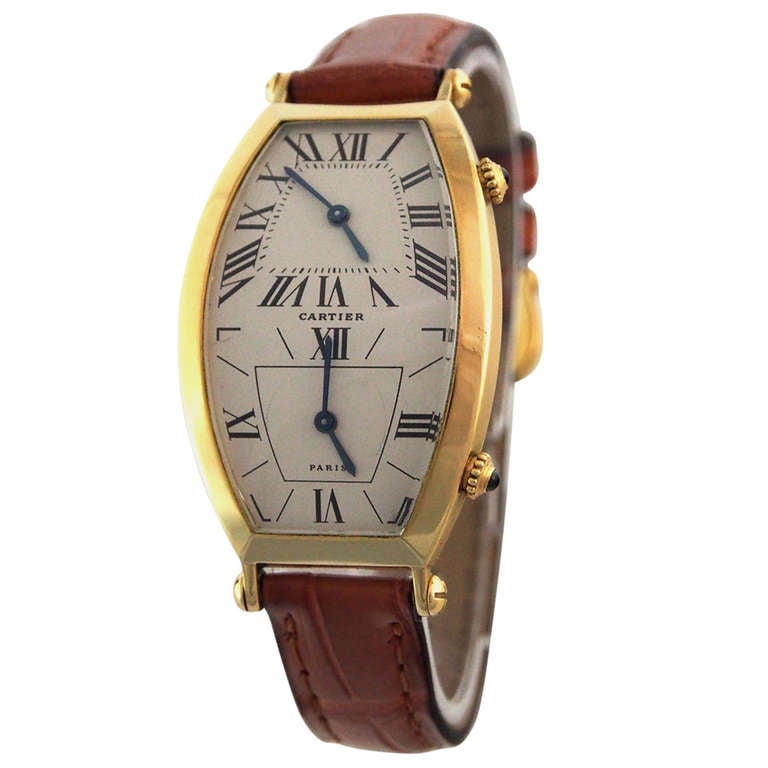 Cartier Yellow Gold Dual Time Tonneau Wristwatch