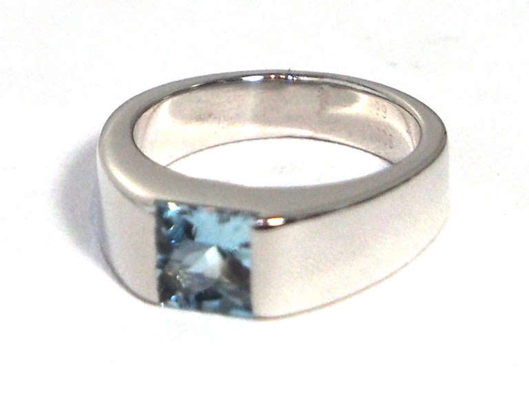CARTIER --- Tank Ring 18K White Gold with Aquamarine Ref. B4032400 Size 48 (4.5)