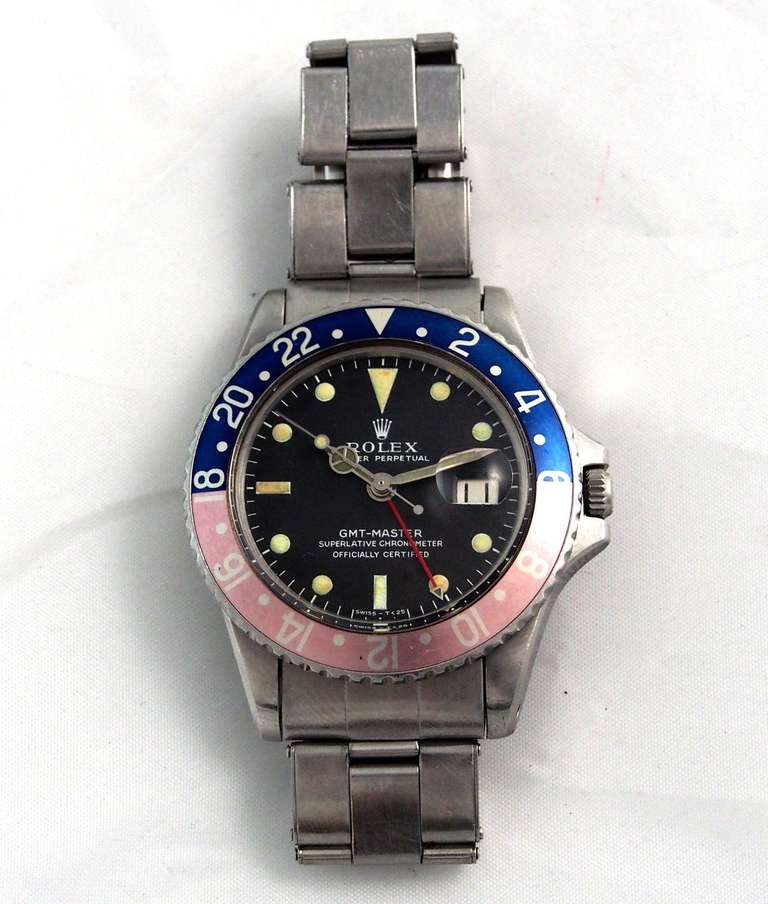 Rolex Stainless Steel GMT-Master Wristwatch Ref 1675 with Faded Bezel circa 1967 In Excellent Condition In Los Angeles, CA