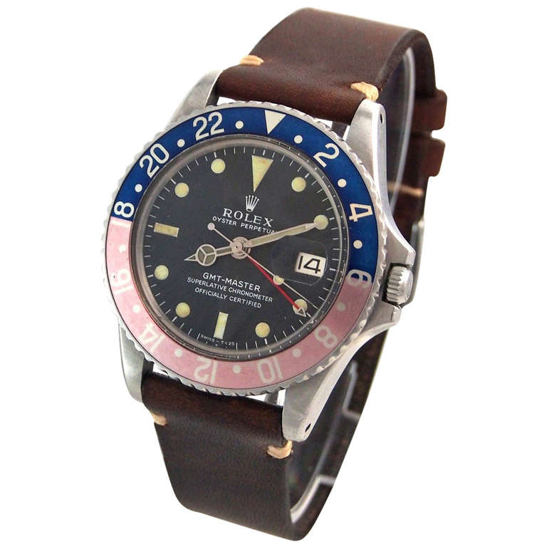 Rolex Stainless Steel GMT-Master Wristwatch Ref 1675 with Faded Bezel circa 1967