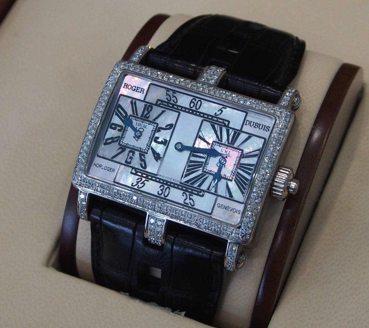 Roger Dubuis White Gold Diamond Too Much GMT Bi-Retrograde Wristwatch In Excellent Condition In Los Angeles, CA