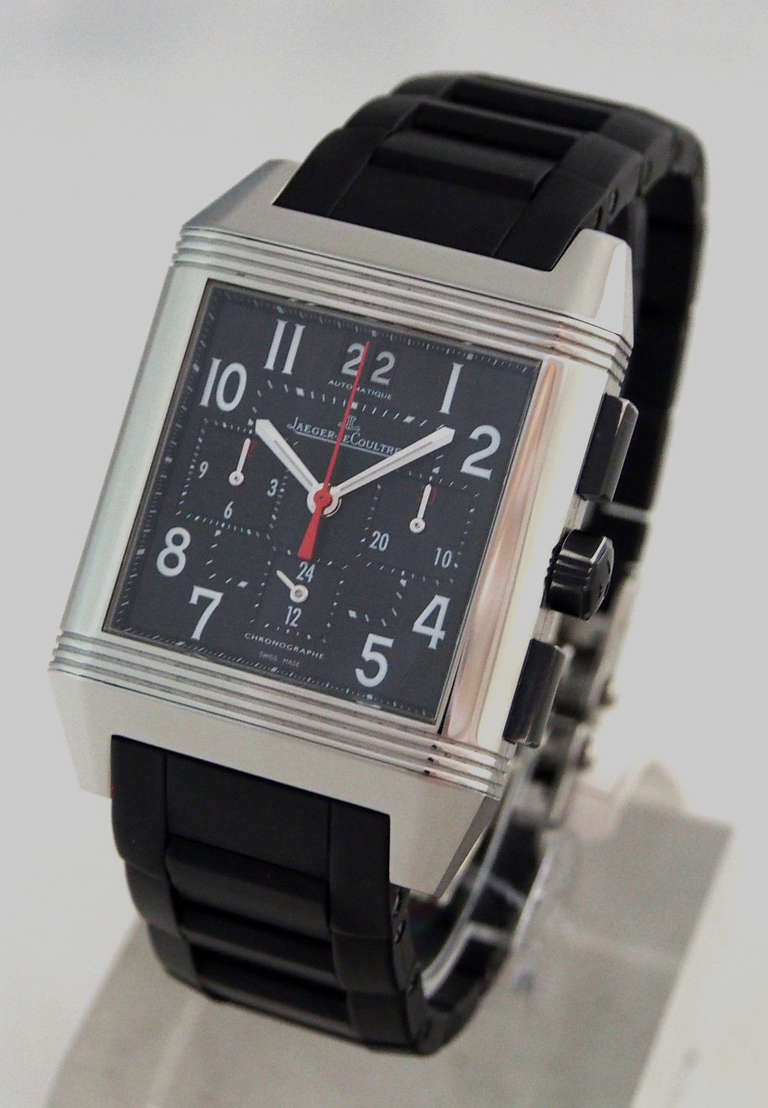 Brand Name: Jaeger-LeCoultre
Style Number: Q701867P
Also Called: 230.8.45
Series: Squadra Reverso
Case Material: Stainless Steel
Dial Color: Black
Movement: Automatic, Caliber 753
Functions: Hours, Minutes, Seconds, Date, Chronograph,