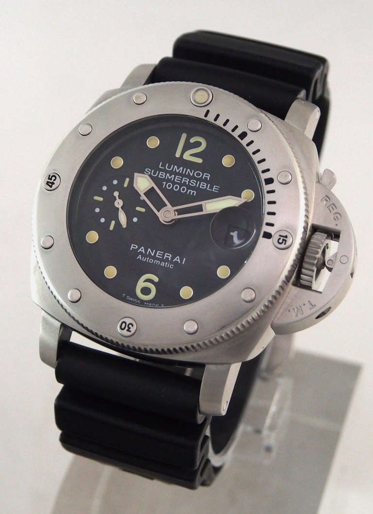 Brand Name: Panerai
Style Number: PAM 243
Series: Luminor 1950 Submersible 1000M Contemporary Series
Case Material: AISI 316L Brushed Steel with Helium Valve
Dial Color: Black with Applied Tritium Markers
Movement: Automatic, Calibre