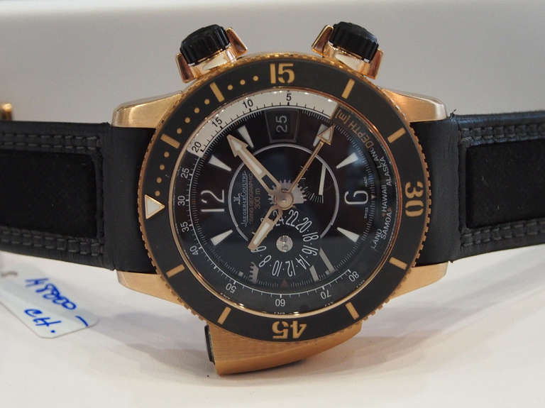 Brand: Jaeger-LeCoultre
Style Number: Q1852470
Model: Master Compressor Diving Pro Geographic Navy SEALs
Case Material: 18k Rose Gold
Dial Color: Black
Movement: Automatic, JLC979 (28,800vph, 274 parts, 29 jewels)
Functions: Hours, Minutes,