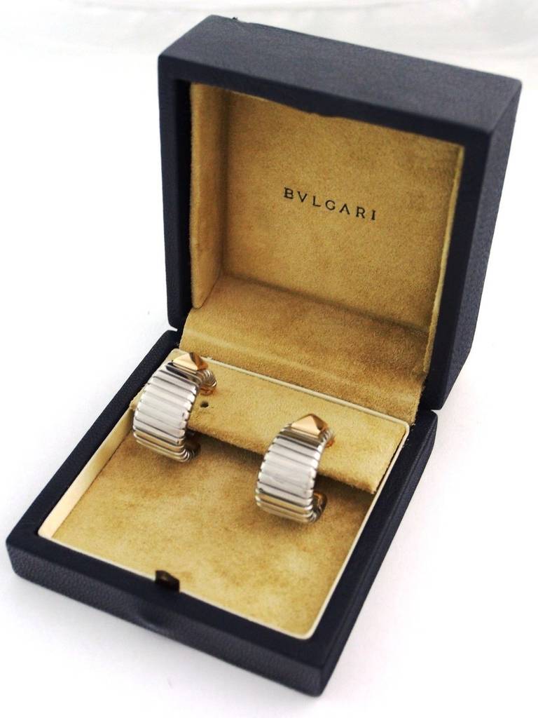 Brand Name	Bulgari
Series	Tubogas Earrings
Gender	Lady's
Material	Stainless Steel & 18K Yellow Gold
Weight	16.7g Each
Measurements	27mm H x 15mm W x 27mm D