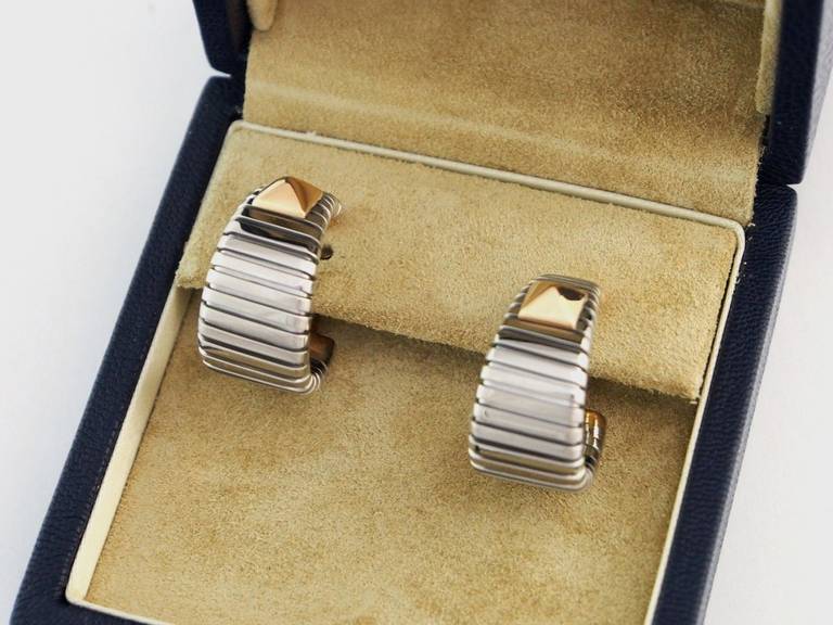 Bulgari Parentesi Stainless Steel and Yellow Gold Earrings In Excellent Condition In Los Angeles, CA