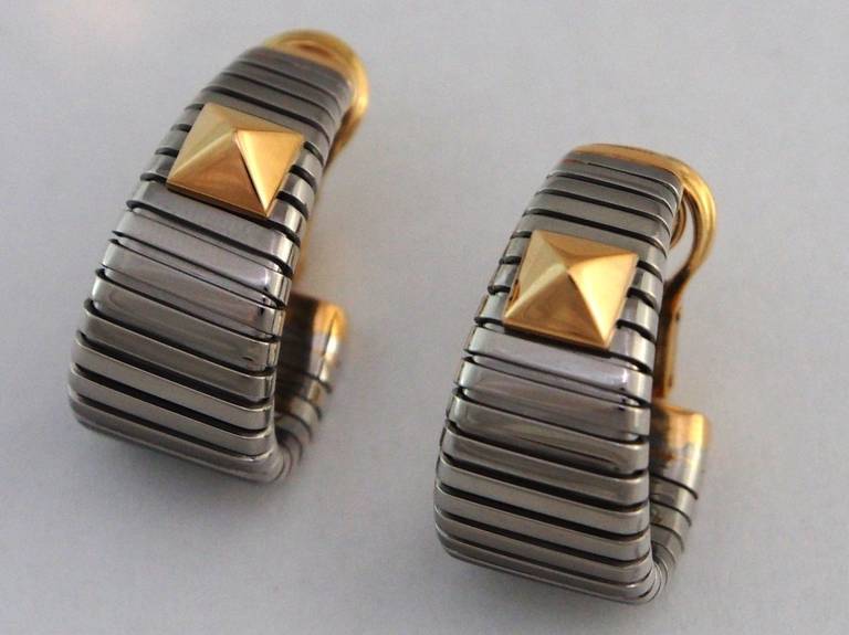 Women's Bulgari Parentesi Stainless Steel and Yellow Gold Earrings