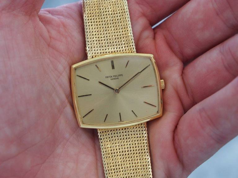 Patek Philippe Yellow Gold Cushion Bracelet Manual Wristwatch Ref 3527 For Sale 4