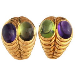 Bulgari Yellow Gold Ribbed Earrings with Purple Amethyst and Green Tourmaline