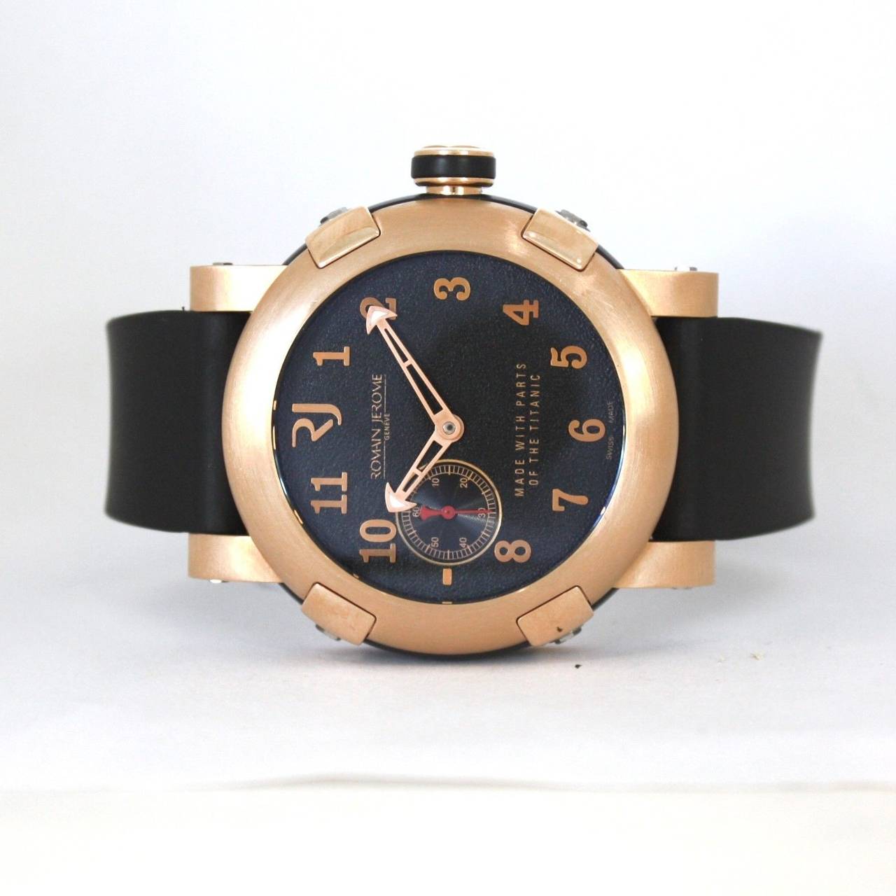 Brand Name  Romain Jerome  
Style Number  T.222BB.00.BB  
Also Called  T222BB00BB  
Series  Titanic DNA  
Gender  Men's  
Case Material  18k Rose Gold  
Dial Color  Deep black color obtained with coal recovered from the Titanic with hour and