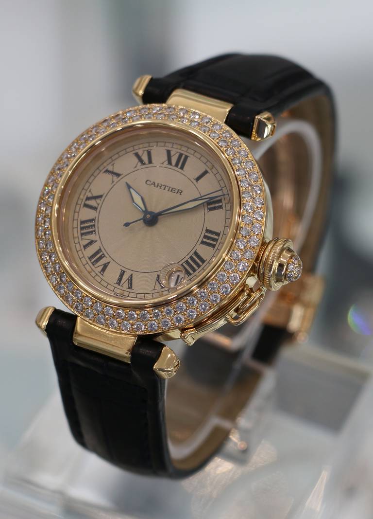 Cartier Lady's Yellow Gold and Diamond Automatic Pasha Wristwatch circa 2000s In Excellent Condition In Los Angeles, CA