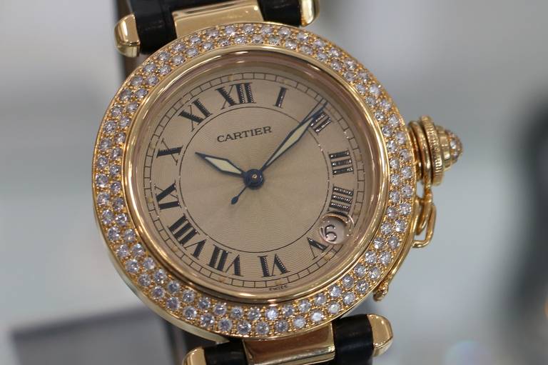 Women's Cartier Lady's Yellow Gold and Diamond Automatic Pasha Wristwatch circa 2000s