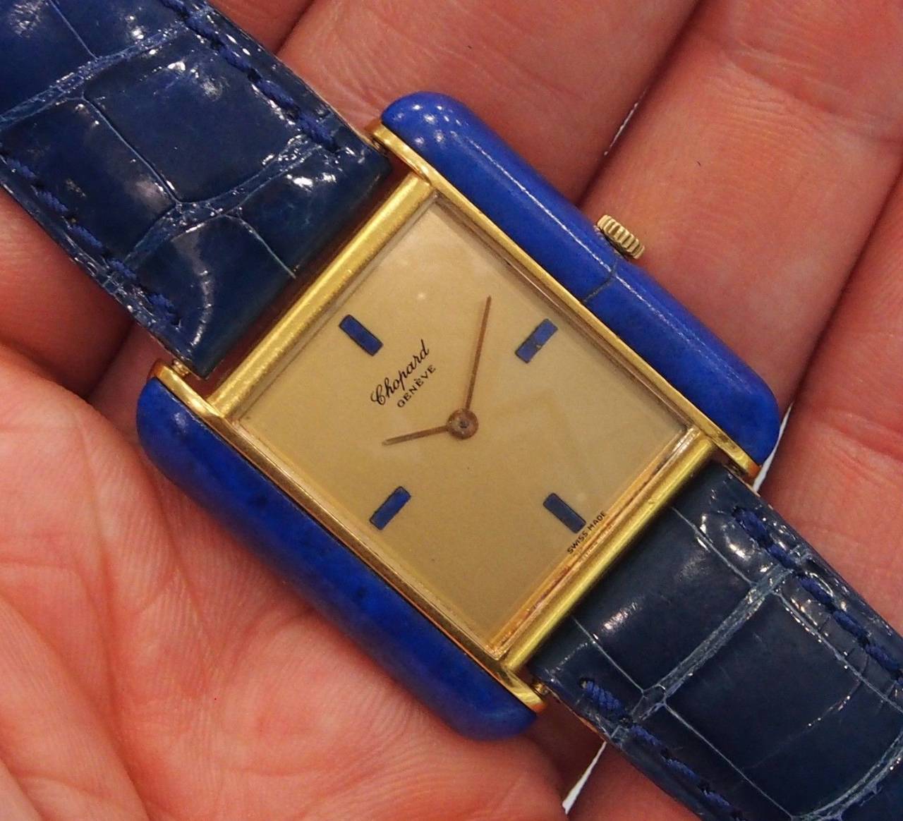 Chopard Yellow Gold and Lapis Lazuli Rectangular Wristwatch circa 1960s 6