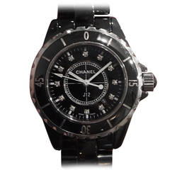 Chanel Lady's Black Ceramic J12 Wristwatch with Diamond Dial