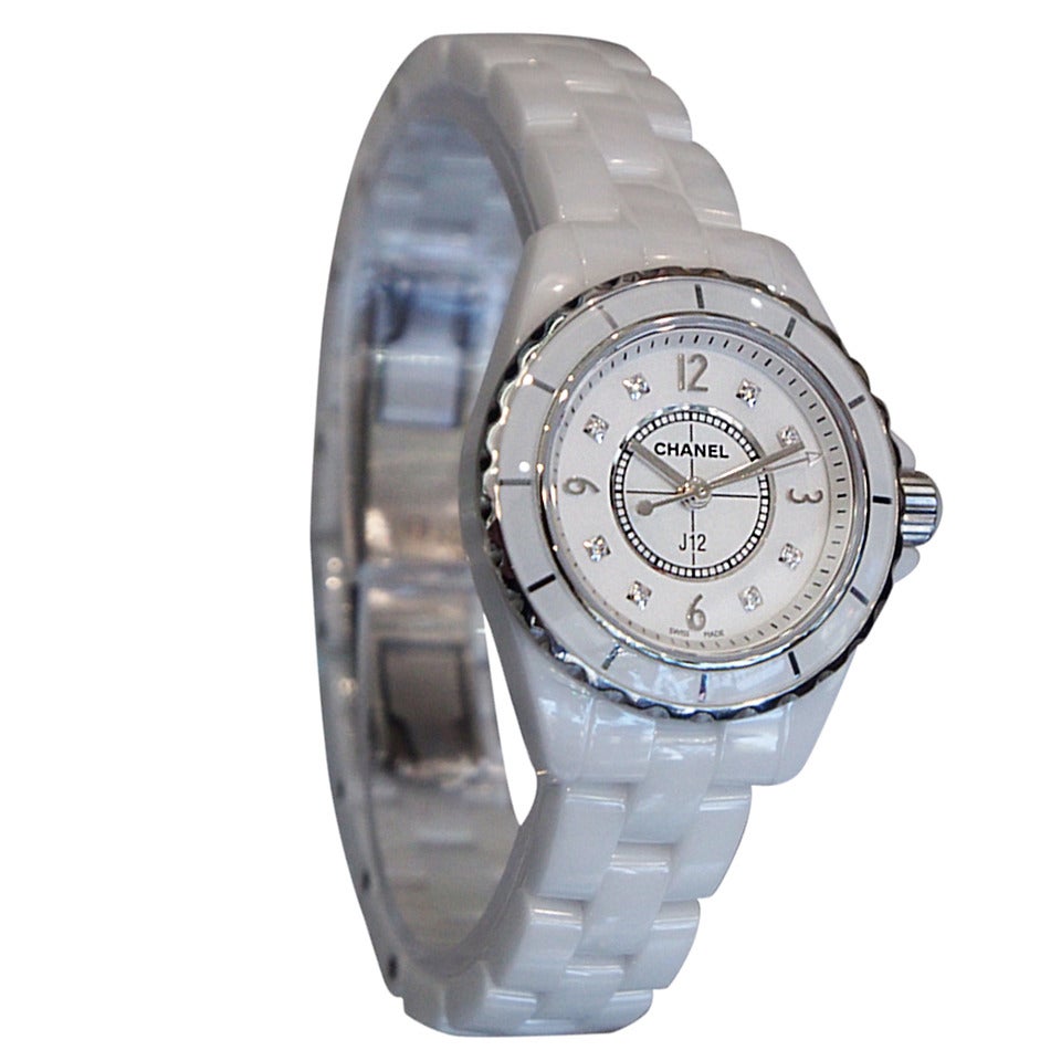 Chanel Lady's White Ceramic J12 Wristwatch with Diamond Dial