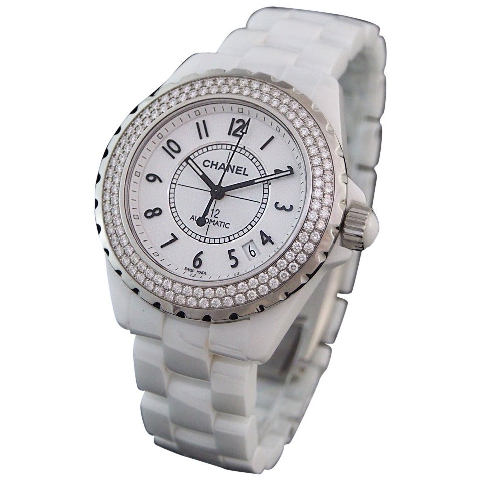 Chanel Lady's White Ceramic J12 Automatic Wristwatch with Diamond Bezel