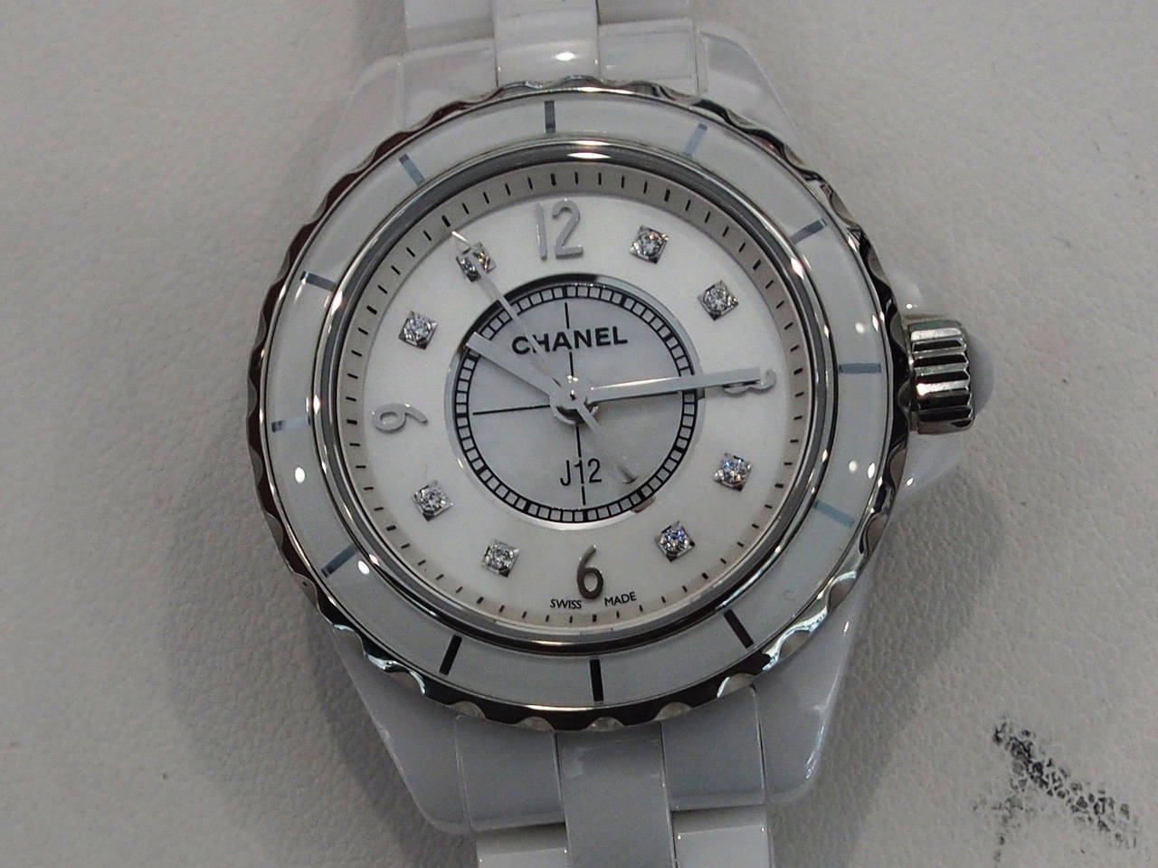 Chanel Lady's White Ceramic J12 Wristwatch with Diamond Dial 1