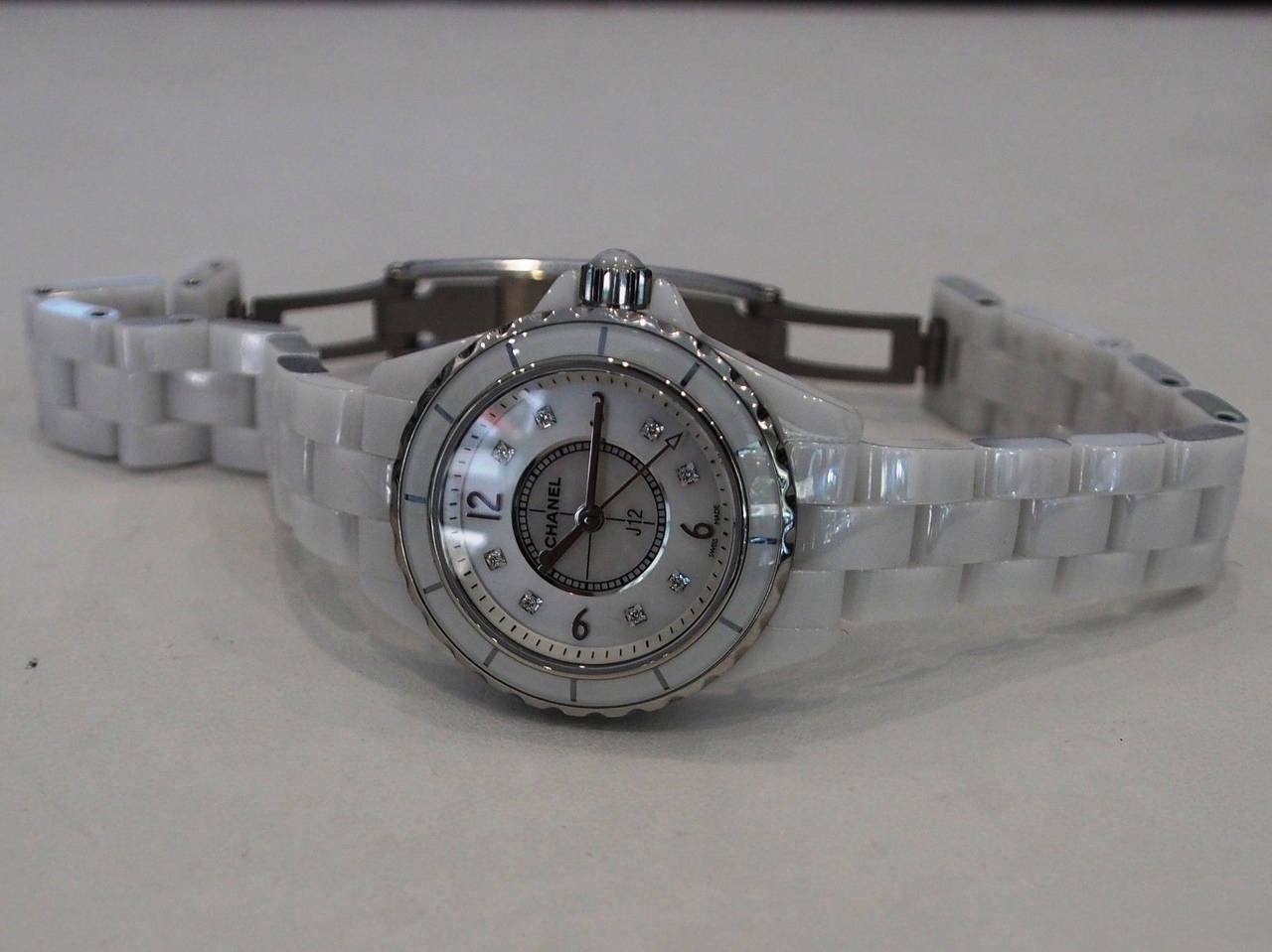 Chanel Lady's White Ceramic J12 Wristwatch with Diamond Dial 2