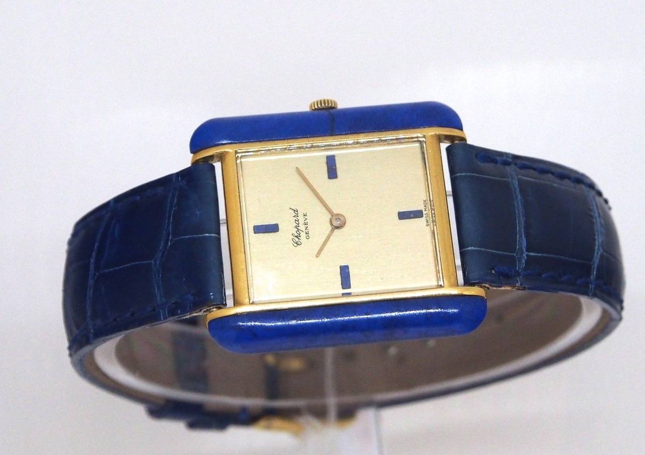Chopard Yellow Gold and Lapis Lazuli Rectangular Wristwatch circa 1960s 3