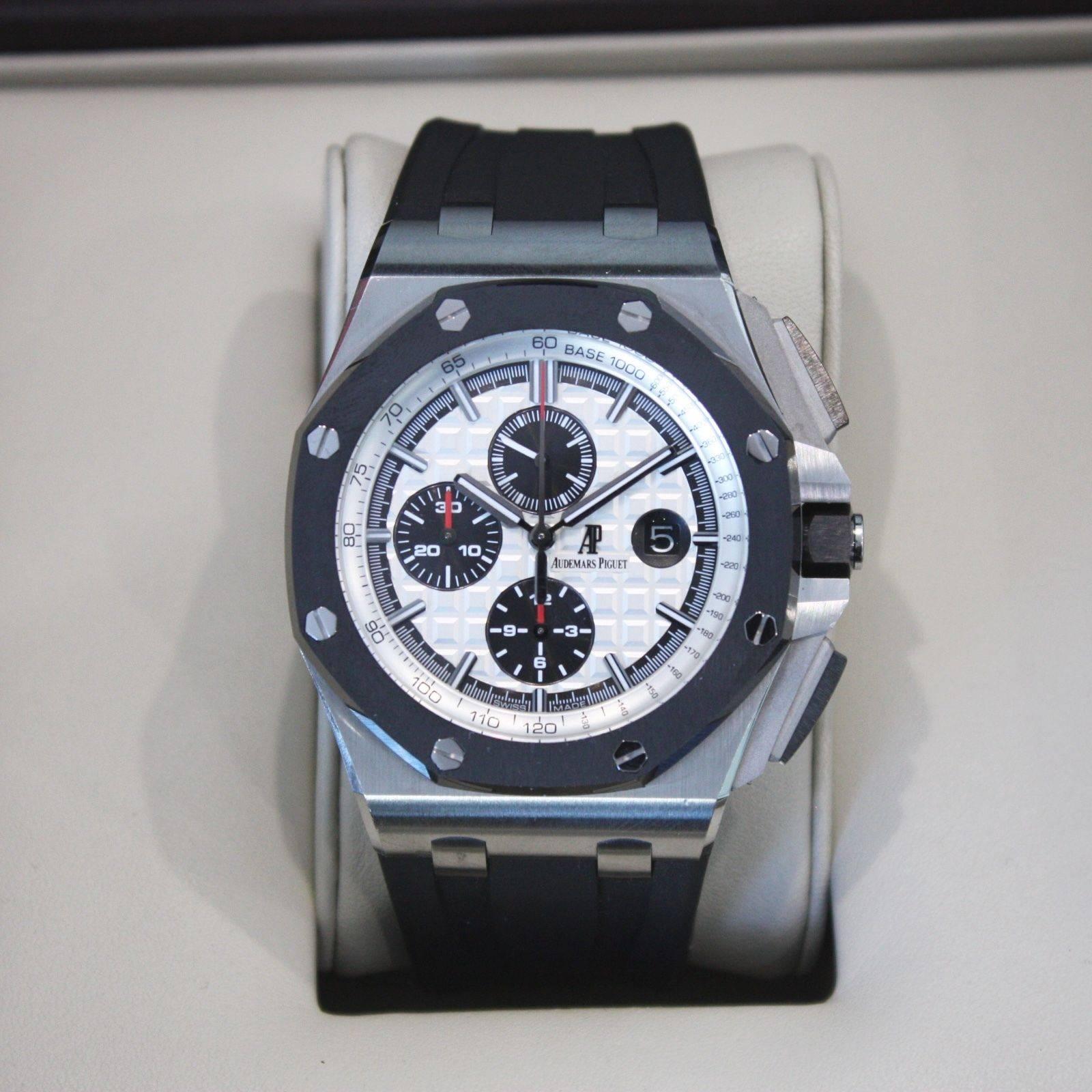 Brand Name: Audemars Piguet
Style Number: 26400SO.OO.A002CA.01
Also Called: ROYAL OAK OFFSHORE CHRONOGRAPH
Gender: Men's
Case Material: Stainless steel
Dial Color: Silver-toned dial with “Méga Tapisserie” pattern
Movement: