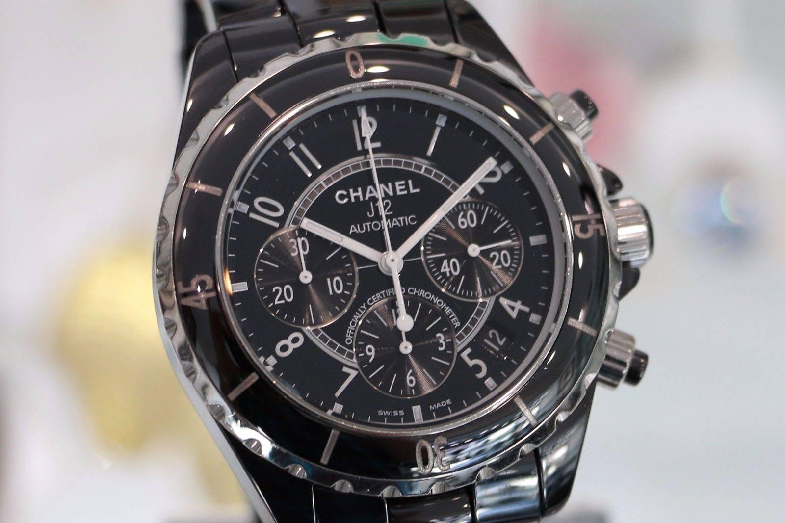 Chanel Black Ceramic J12 Chronograph Automatic Wristwatch In Excellent Condition In Los Angeles, CA