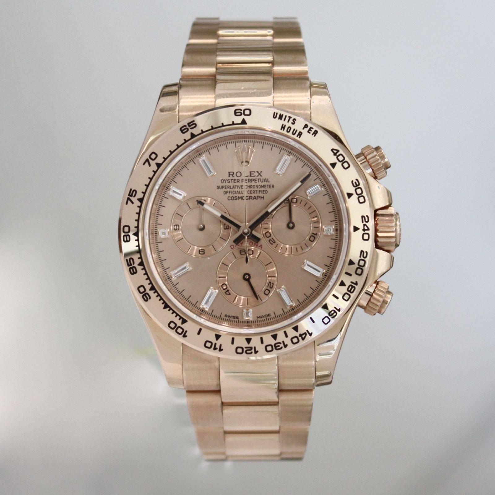 Brand Name: Rolex
Style Number: Daytona Cosmograph
Series: 116505
Gender: Unisex
Case Material: 18kt Everose Gold
Dial Color	: Pink Gold
Movement: Automatic
Engine: Rolex Calibre 4130
Functions: Chronograph, Tachymeter, Date, Hour, Minute,