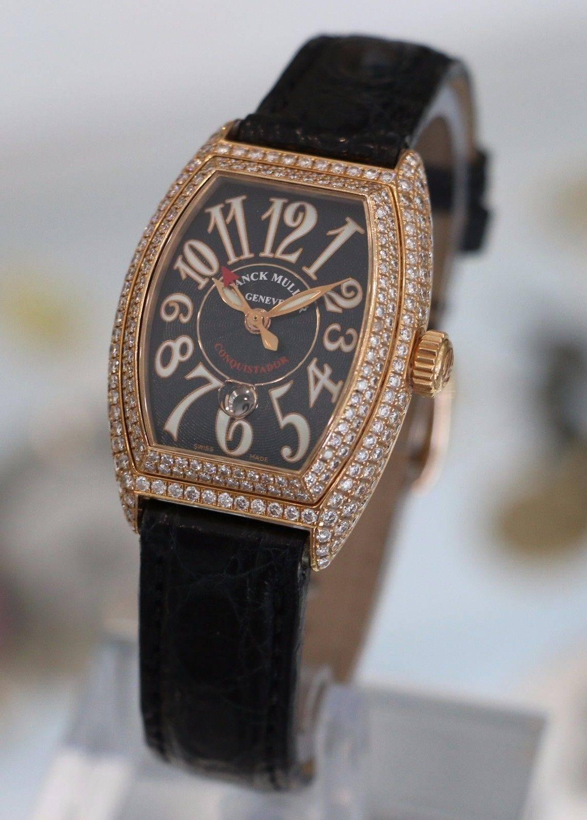 
Brand Name: Franck Muller
Style Number: Lady SCD
Series: Conquistador
Gender: Lady's
Case Material: 18K Rose Gold set with Diamonds
Dial Color: Black
Movement: Automatic
Functions: Hours, Minutes, Seconds, Date
Crystal Material: Scratch