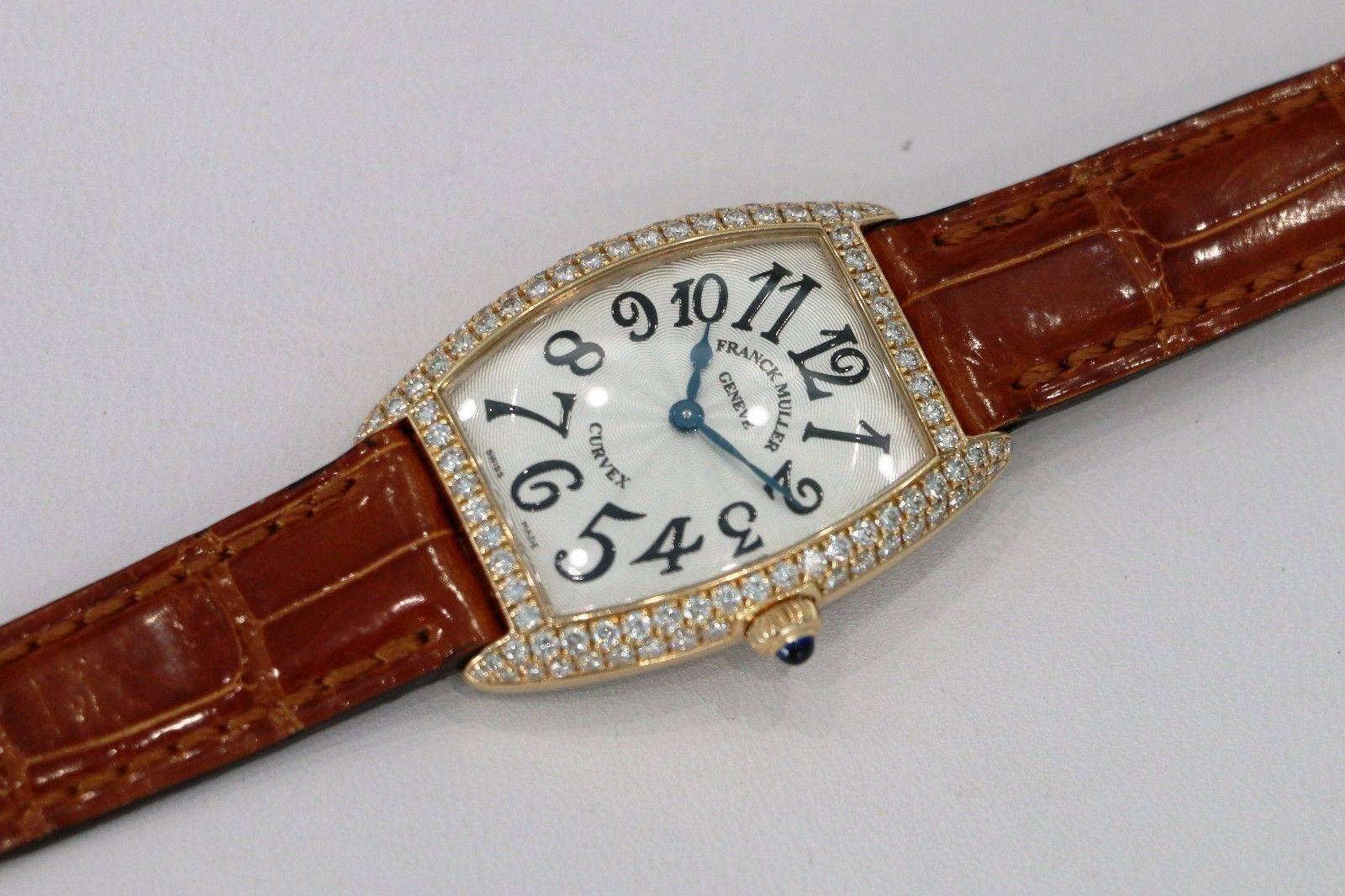 Brand Name: Franck Muller
Style Number:	1752 QZD
Series: Cintree Curvex
Gender: Lady's
Case Material: 18K Rose Gold set with Diamonds
Dial Color	: Silvered Guilloche
Movement: Quartz
Functions	: Hours, Minutes
Crystal Material: Scratch
