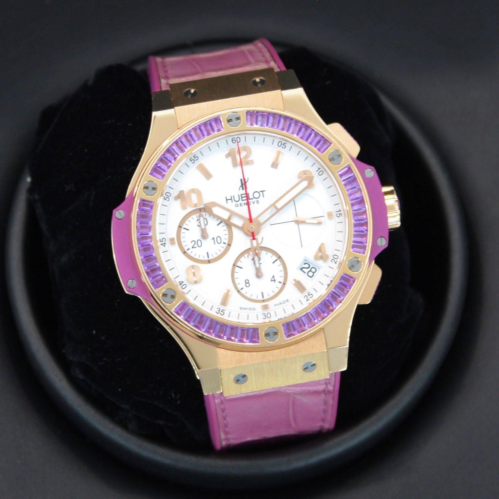 Brand Name: Hublot
Style Number: 341.PV.2010.LR.1905
Also Called: 341PV2010LR1905
Series: Big Bang Tutti Frutti Purple Amethyst 
Gender: Unisex
Case Material: 18k Rose Gold
Dial Color	: White
Movement: automatic
Engine: HUB4300
Functions	: