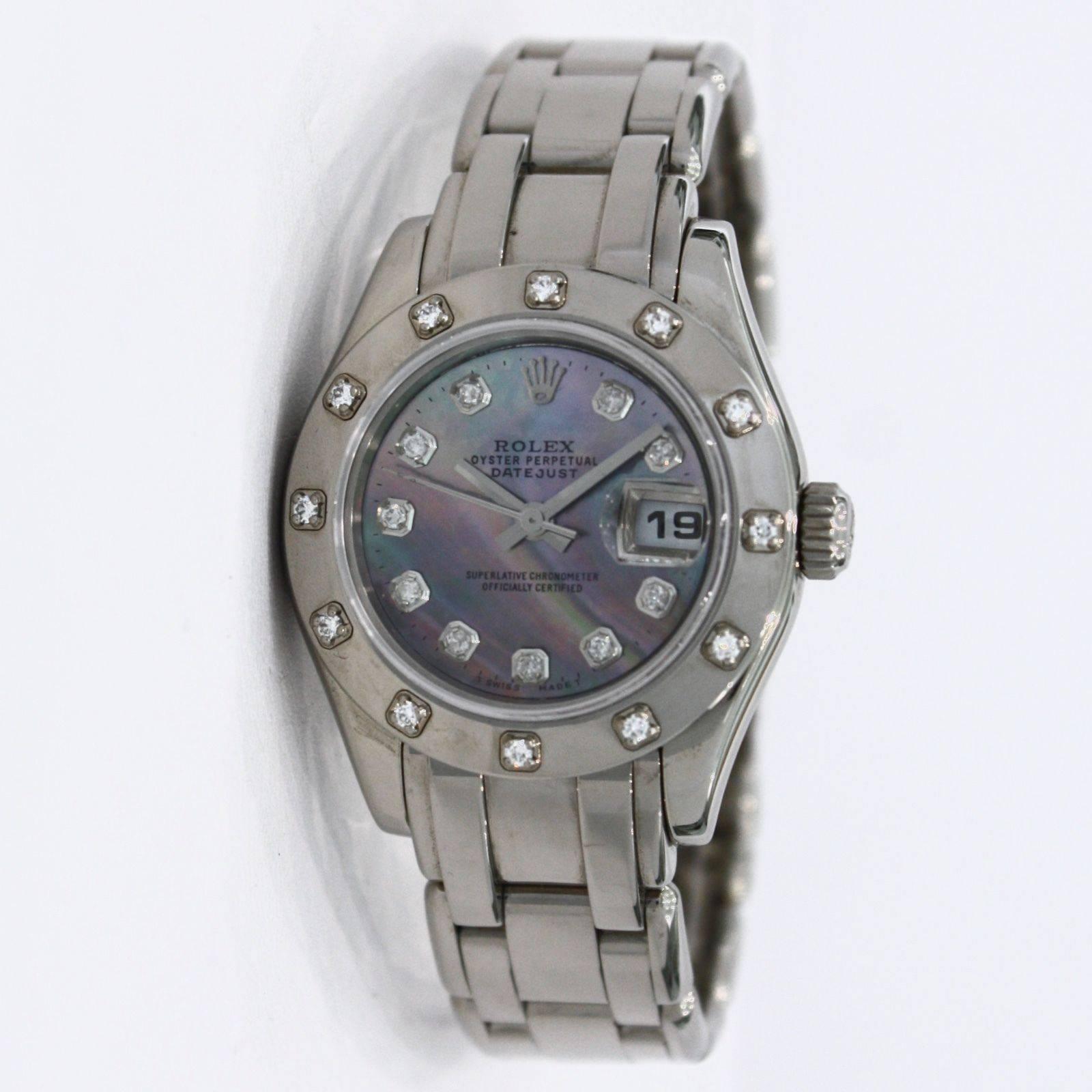 Women's Rolex Ladies White Gold Diamond Black Mother-of-Pearl Pearlmaster Wristwatch