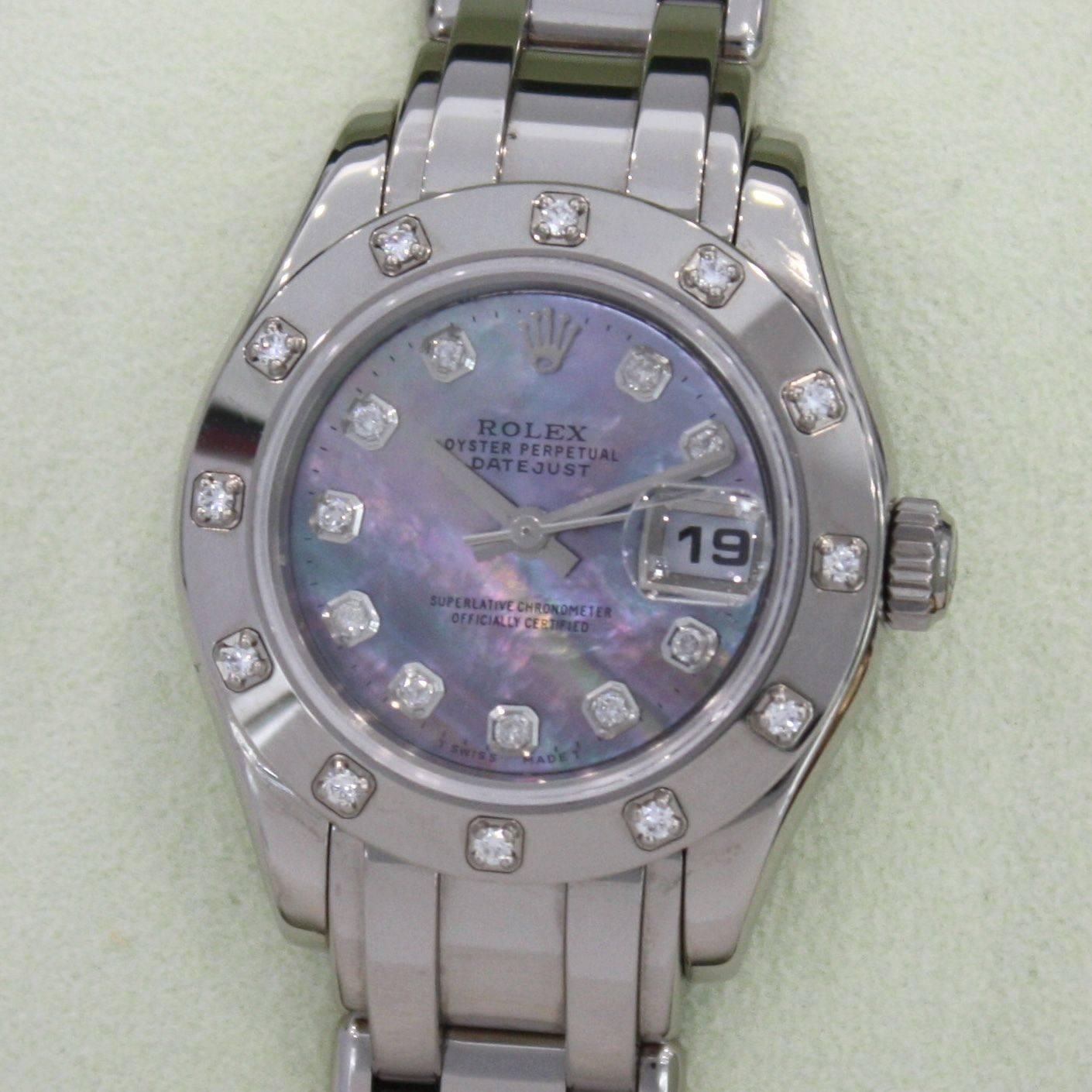 Rolex Ladies White Gold Diamond Black Mother-of-Pearl Pearlmaster Wristwatch 2