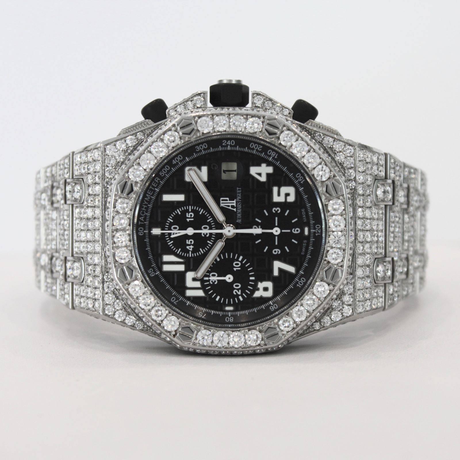 Brand Name: Audemars Piguet
Style Number: 25721ST.OO.1000ST.08.A
Also Called: 25721STOO1000ST08A
Series: Royal Oak Offshore Black Themes
Gender: Men's
Case Material: Stainless Steel w/ Diamonds
Dial Color	: Black
Movement:
