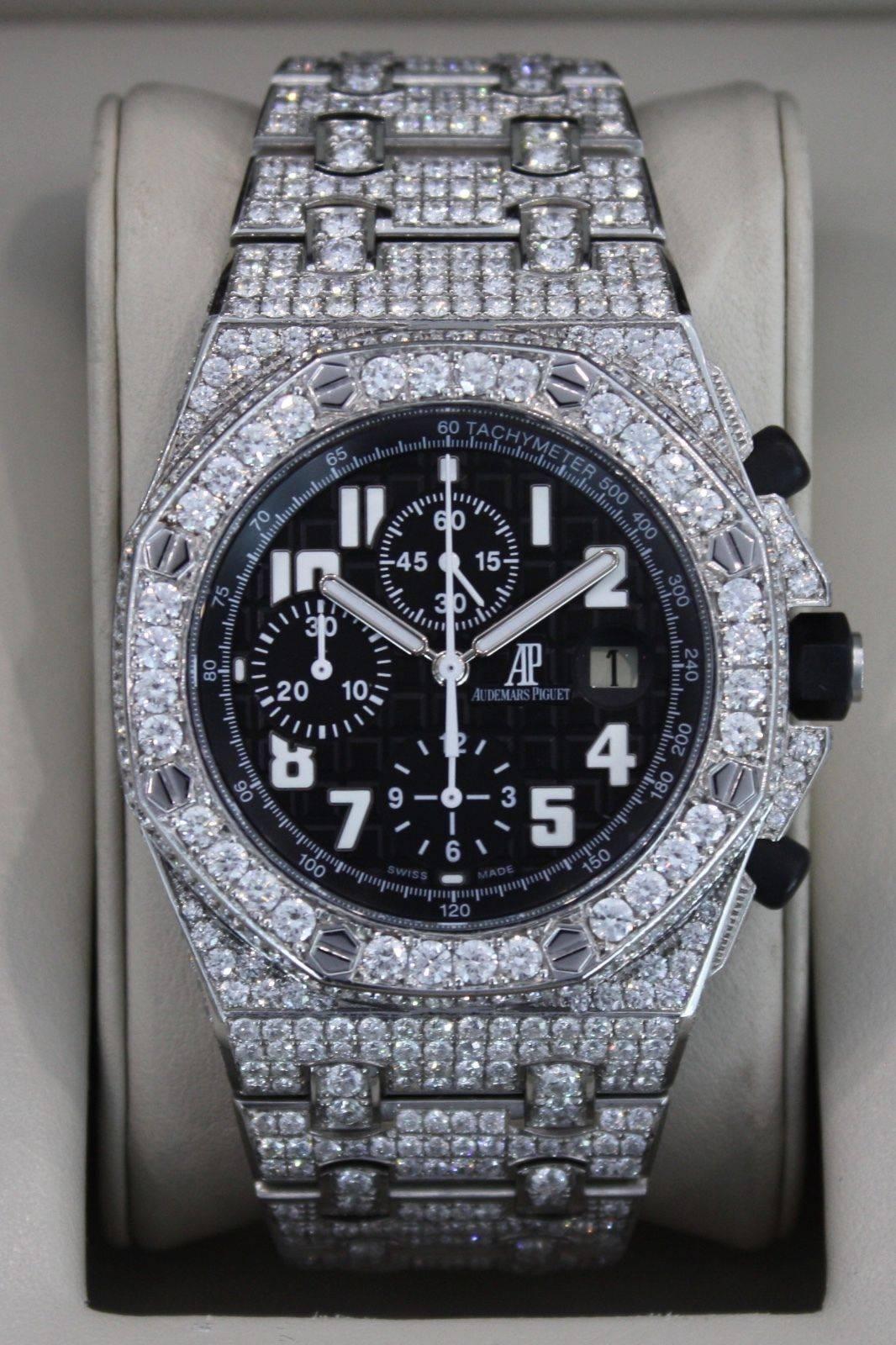 Audemars Piguet Stainless Steel Diamond Royal Oak Offshore Automatic Wristwatch In Excellent Condition For Sale In Los Angeles, CA