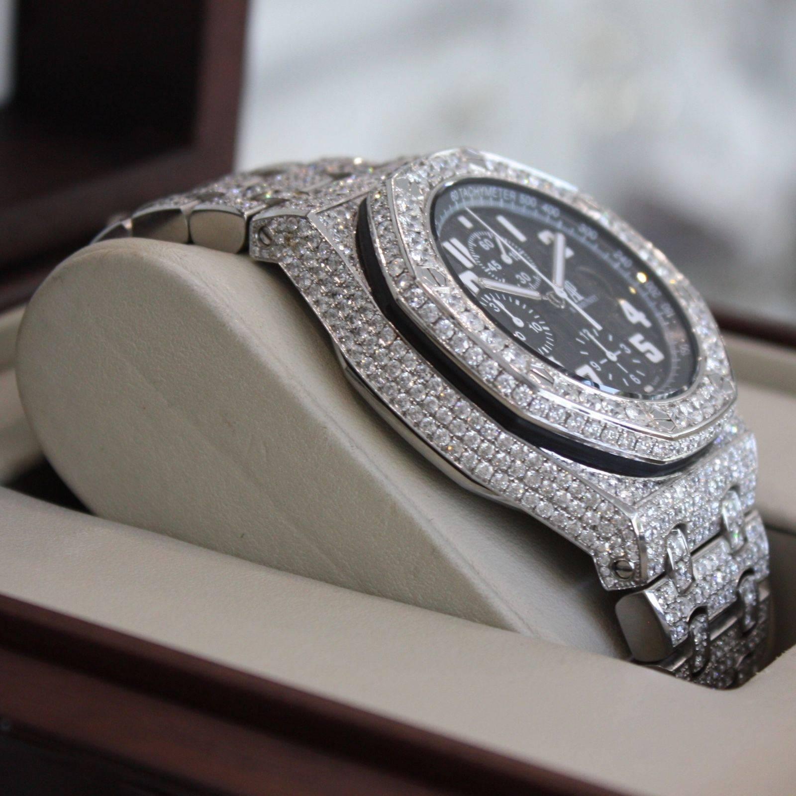 Audemars Piguet Stainless Steel Diamond Royal Oak Offshore Automatic Wristwatch For Sale 1