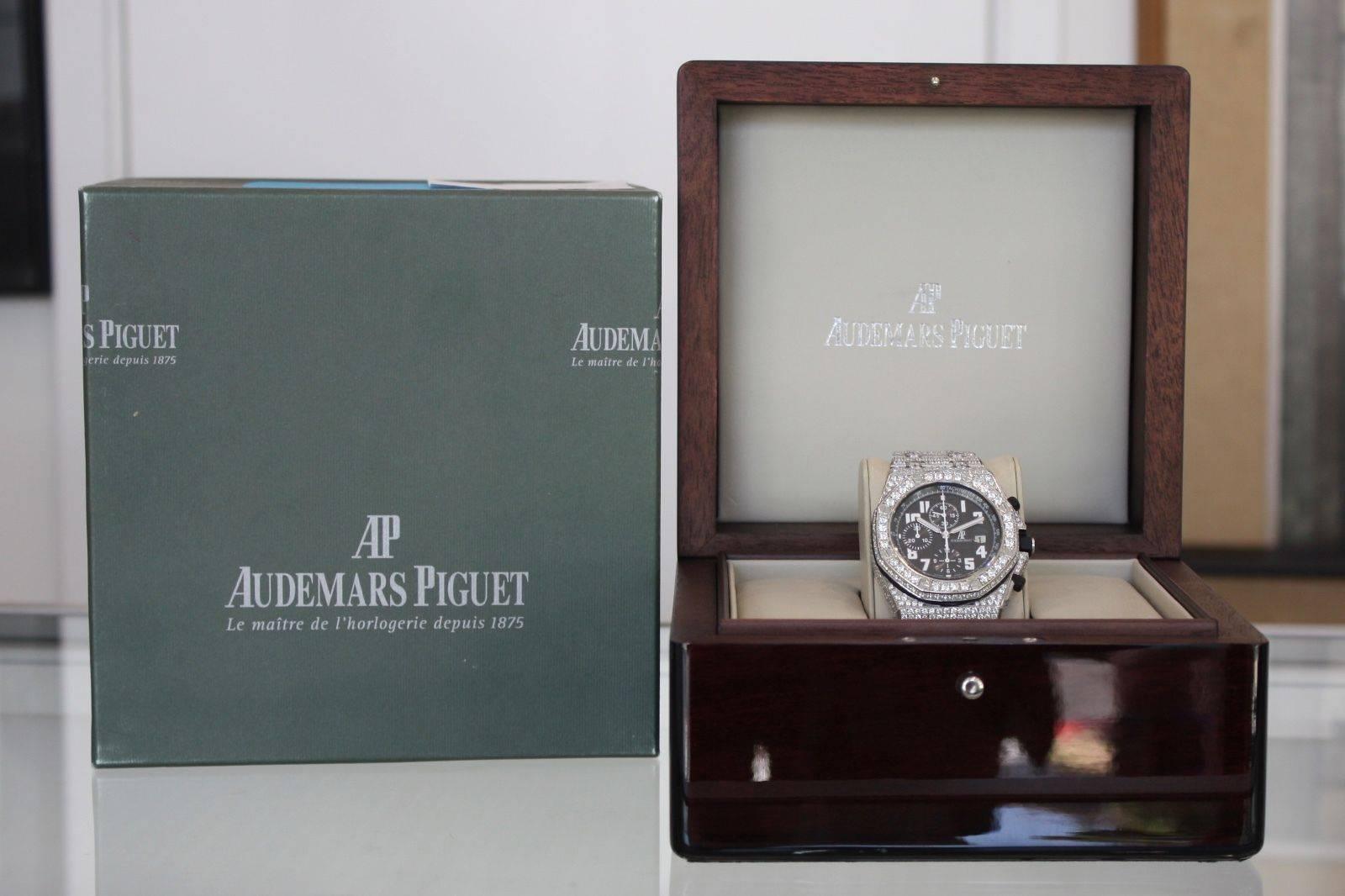Audemars Piguet Stainless Steel Diamond Royal Oak Offshore Automatic Wristwatch For Sale 4