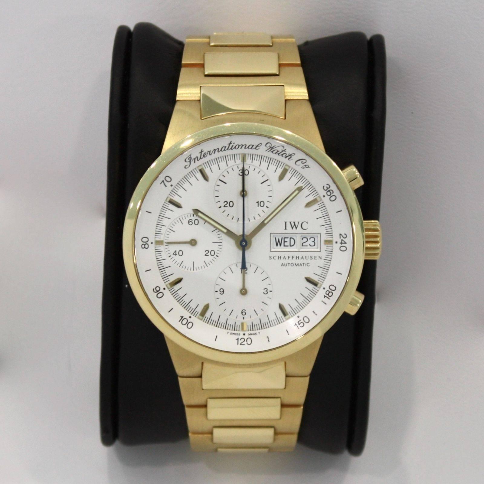 Brand Name: IWC
Style Number: 9277
Also Called: IW9277
Series: GST Chronograph
Gender: Men's
Case Material: 18k Yellow Gold
Dial Color:Silvered
Movement: Automatic
Engine: Cal. 7922
Functions: Hours, Minutes, Seconds, Date, Day,