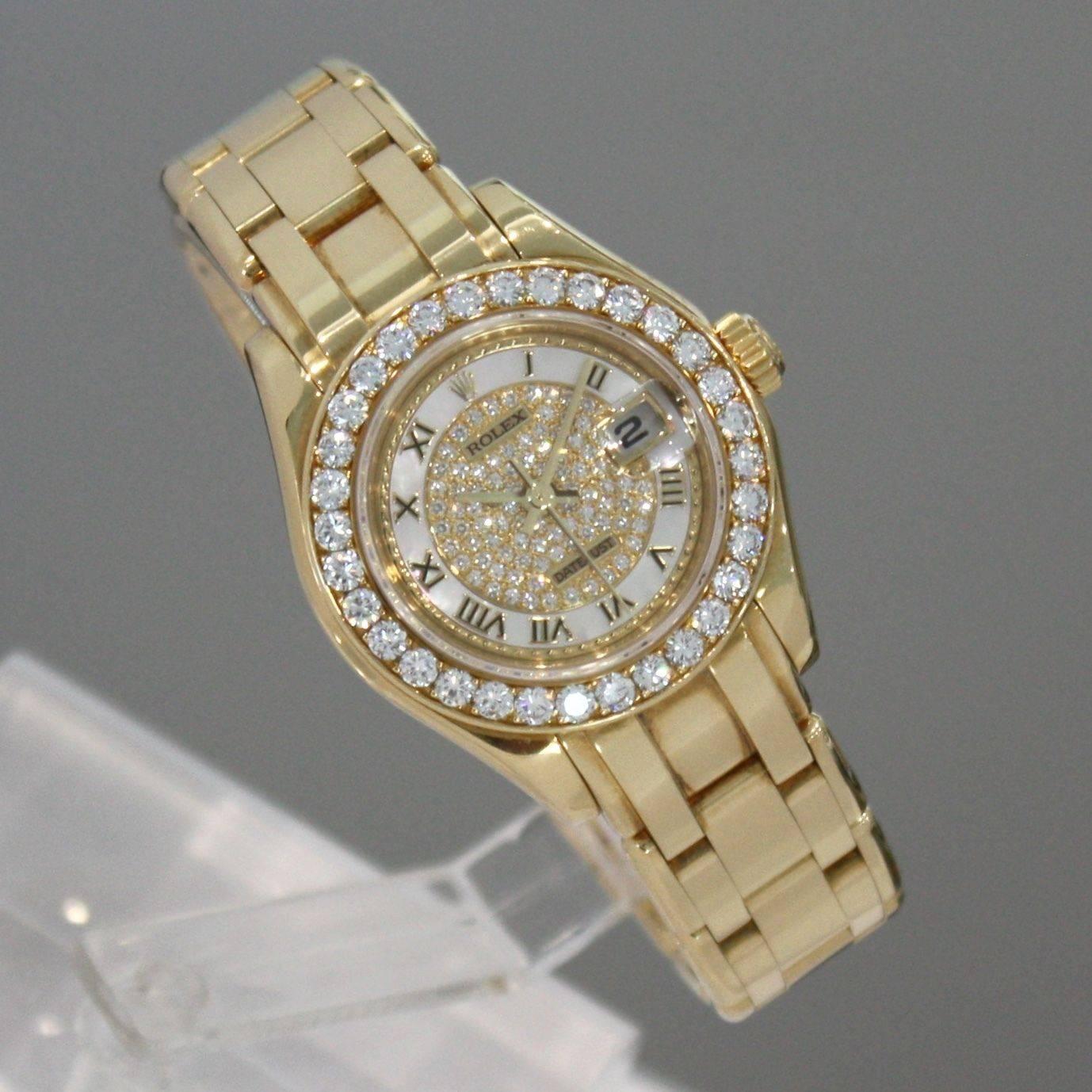 Rolex Ladies Yellow Gold Pave Diamonds Pearlmaster Automatic Wristwatch In Excellent Condition In Los Angeles, CA