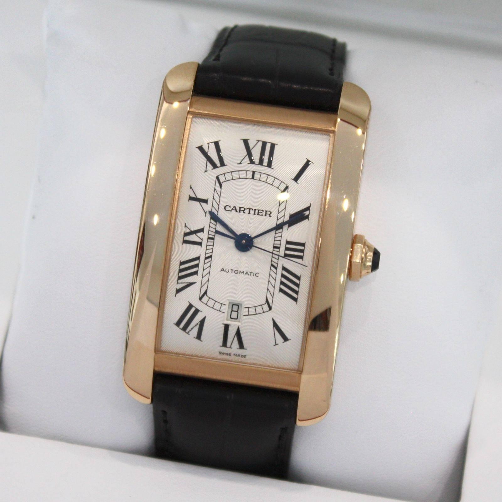 Brand Name: Cartier
Style Number: W2609856
Also Called: "Jumbo" XL, 2927
Series: Tank Américaine XL 
Gender: Men's
Case Material: 18k Rose Gold
Dial Color	: Silvered Guilloche w/ Roman 
Movement: Automatic
Engine:  Cal. 191 
Functions:
