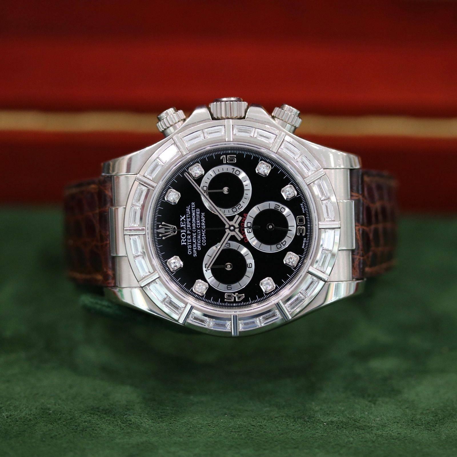 Brand Name: Rolex 
Style Number: 116589
Series: Cosmography Daytona
Gender: Men's
Case Material: 18k White Gold
Dial Color	: Black w/ Diamond Markers
Movement: Automatic
Engine: Cal. 4130
Functions: Hours Minutes, seconds, date,