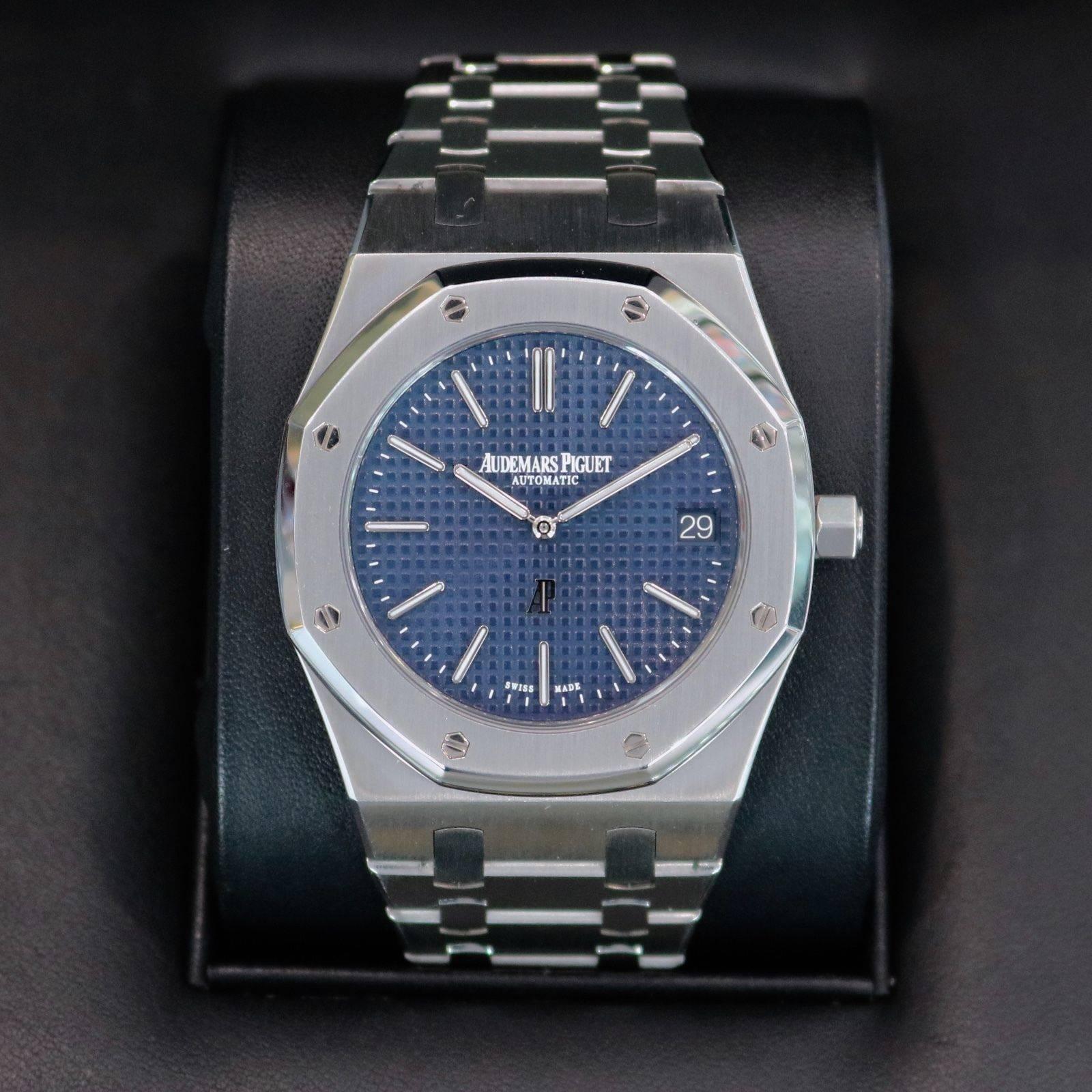 Women's or Men's Audemars Piguet Stainless Steel Royal Oak Extra Thin Blue Dial Wristwatch