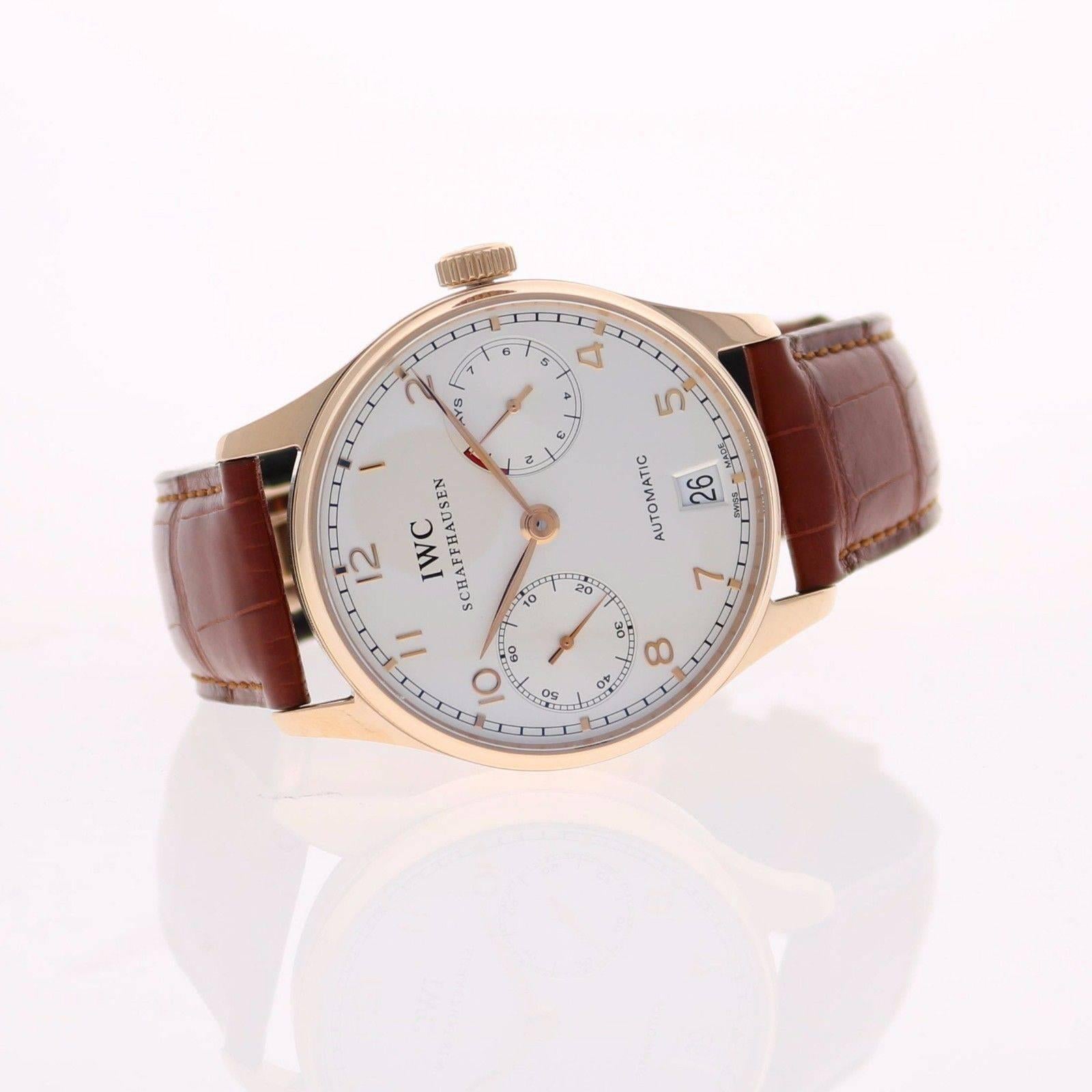 Brand Name	IWC
Style Number	IW500113
Also Called	IW5001-13, 5001-13
Series	Portuguese Power Reserve 7 Days
Gender	Men's
Case Material	18K Rose Gold
Dial Color	Silver
Movement	Automatic
Functions	Hours, Minutes, Seconds, Date, power reserve
Crystal