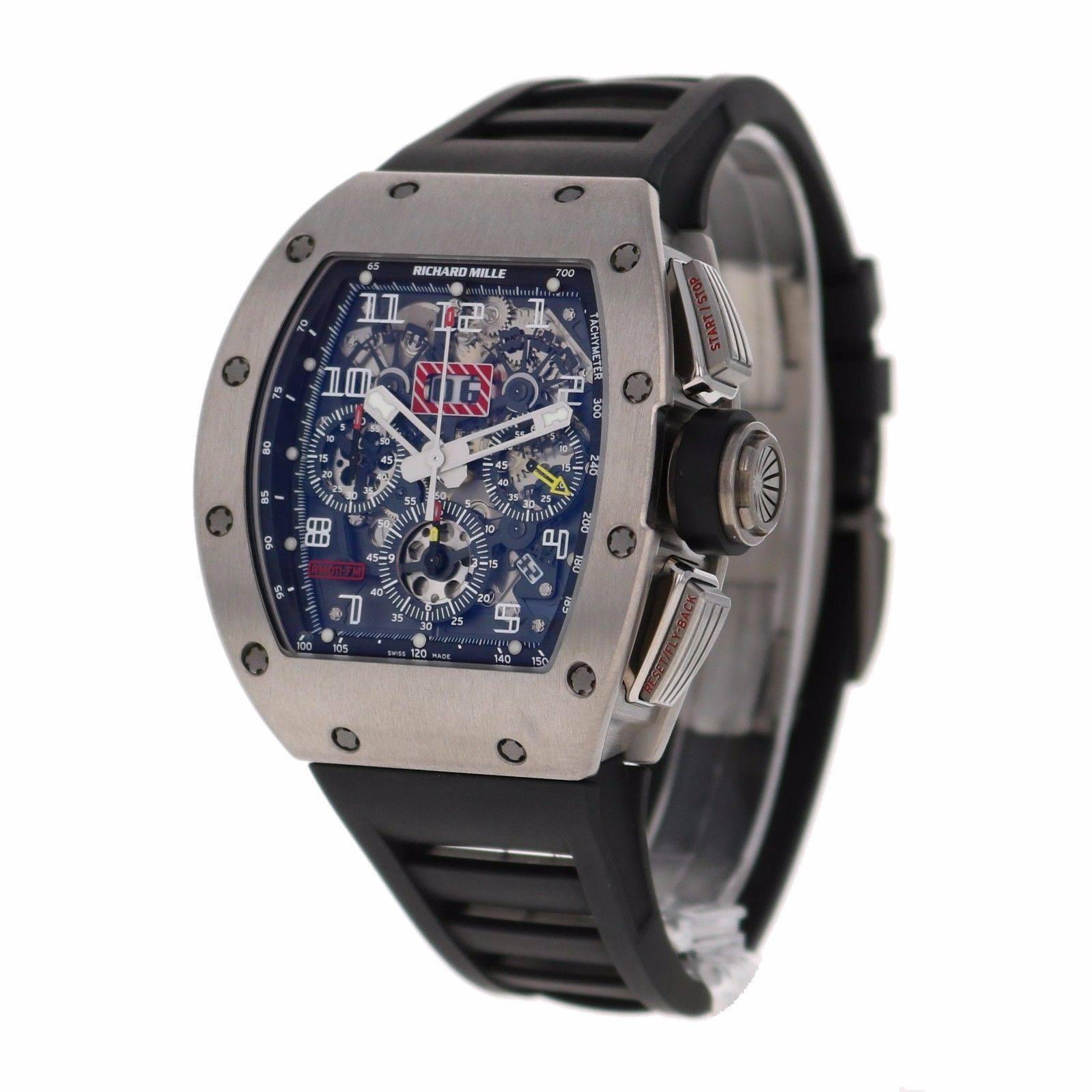 Brand Name: Richard Mille
Style Number: RM011
Also Called: RM 11
Series: Felipe Massa Flyback Chronograph
Gender: Men's
Case Material: Titanium
Dial Color	: Transparent 
Movement: Automatic
Engine: Richard Mille Caliber RM 011-S (Adjustable rotor