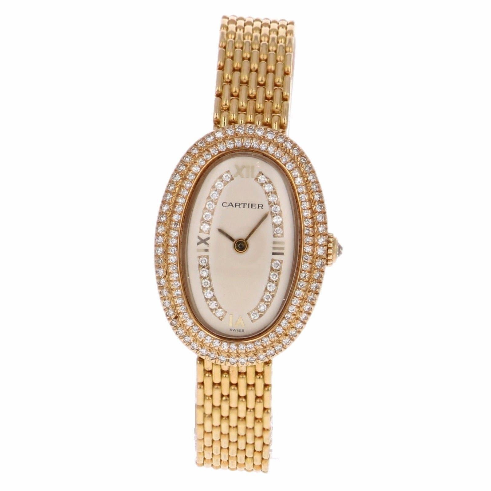 Cartier Ladies Yellow Gold Diamonds Baignoire Grain De Riz Mechanical Wristwatch In Excellent Condition In Los Angeles, CA