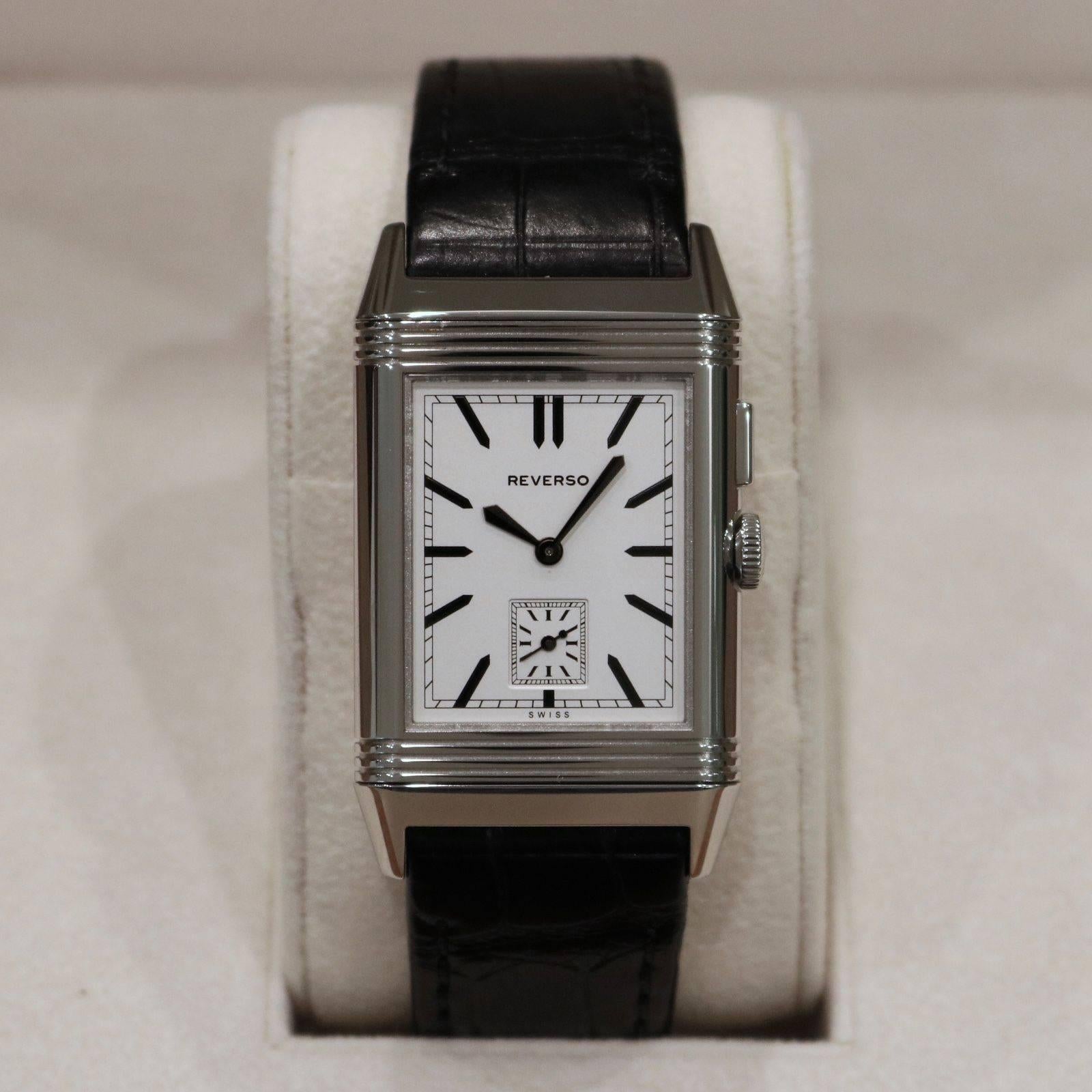 Brand Name: Jaeger LeCoultre
Style Number: Q3788570
Series: Grande Reverso Ultra Thin Duoface
Gender: Men's
Case Material: Stainless Steel 
Dial Color	: Front dial: Silvered, black transferred hour-markers; Back dial: Black velvety Clous de