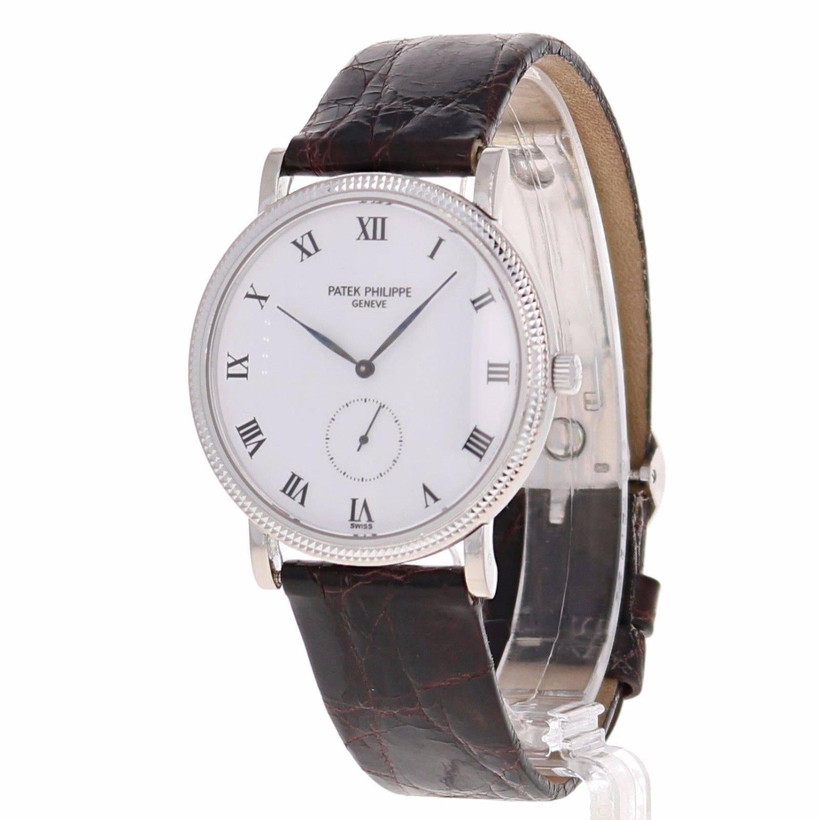 
Brand Name: Patek Philippe
Style Number: 3919G
Also Called: 3919 G
Series: Calatrava

Case Material: 18k
Dial Color: White with Roman Numerals
Movement: 18k 
Functions	: Hours, Minutes, Seconds
Crystal Material: Sapphire
Case Diameter: