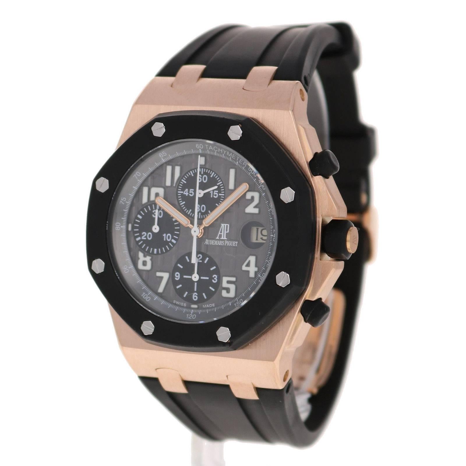 Brand Name: Audemars Piguet
Style Number: 25940OK.OO.D002CA.02
Also Called: 25940OKOOD002CA02
Series: Royal Oak Offshore Rubberclad
Gender: Gents
Case Material: 18k Rose Gold
Dial Color	: Black
Movement: Automatic
Engine: AP Cal.