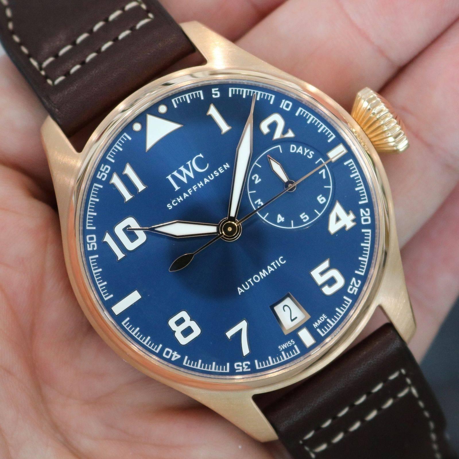 
Brand Name: IWC
Style Number: IW500909
Also Called: 5009-09
Series: Big Pilot Saint Exupery 
Gender: Gents
Case Material: 18k Rose Gold
Dial Color	: Blue
Movement: Automatic
Functions	: Hours, Minutes, Seconds, Date, Power Reserve
Crystal Material:
