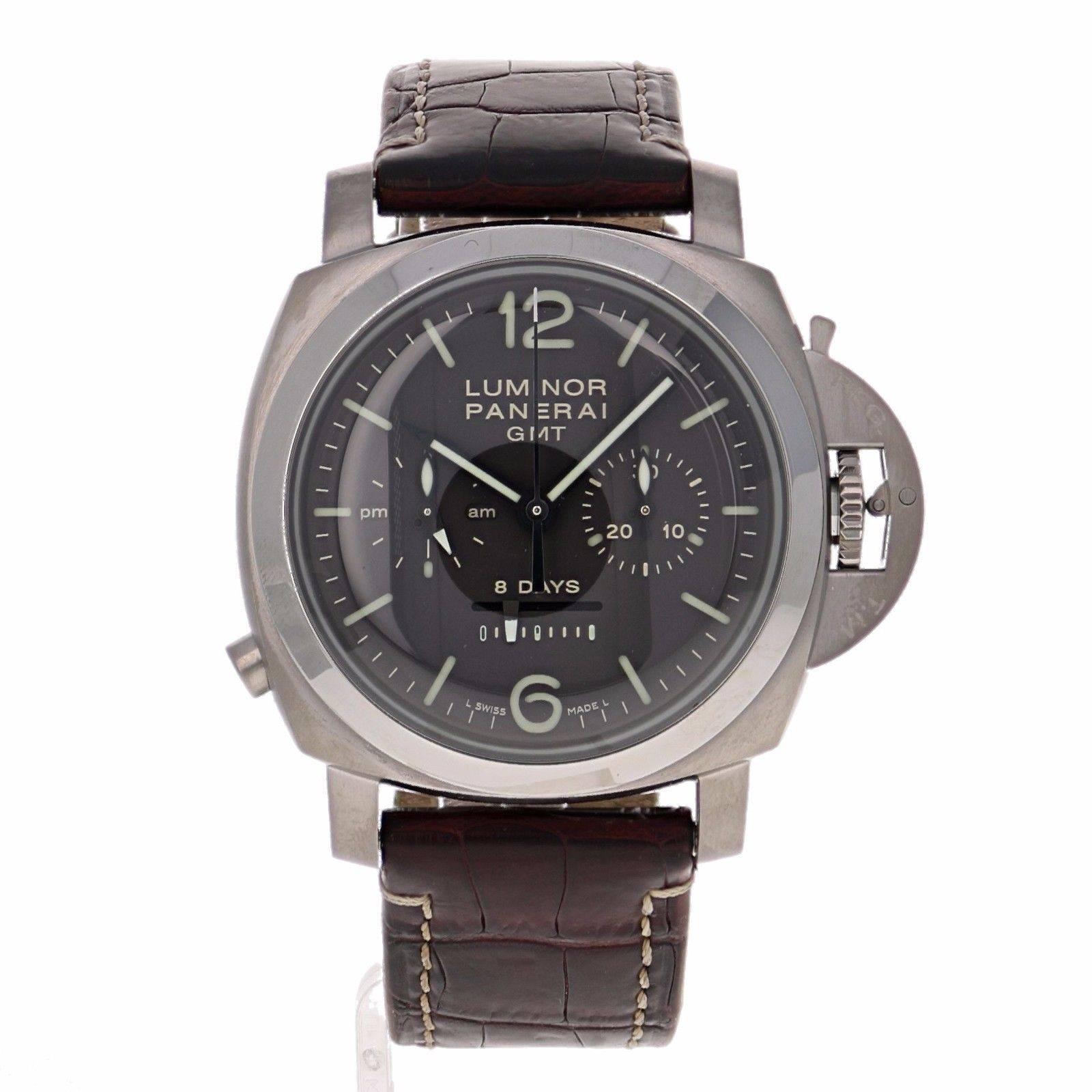 Brand Name: Panerai
Style Number:  PAM 311
Also Called:  PAM00311
Series:  Luminor 1950 8 Days GMT Chrono Monopulsante
Gender:  Men's
Case Material:  Titanium
Dial Color:  Tobacco Brown
Movement:  Mechanical Hand Wound
Engine:  Panerai Calibre